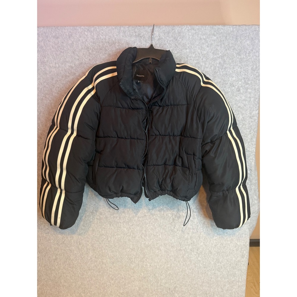 Fusionista Black Cropped Puffer Jacket White Sleeve Stripes Small Streetwear